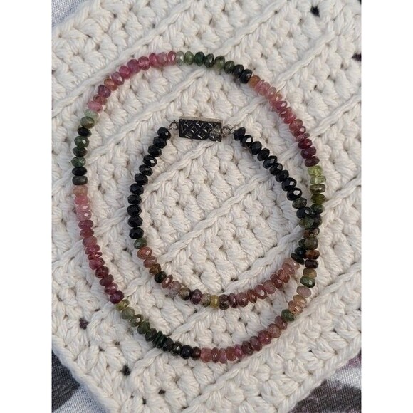 Watermelon Tourmaline Necklace 18" Faceted Gemstone Beads Handmade 925 Silver - Picture 2 of 5